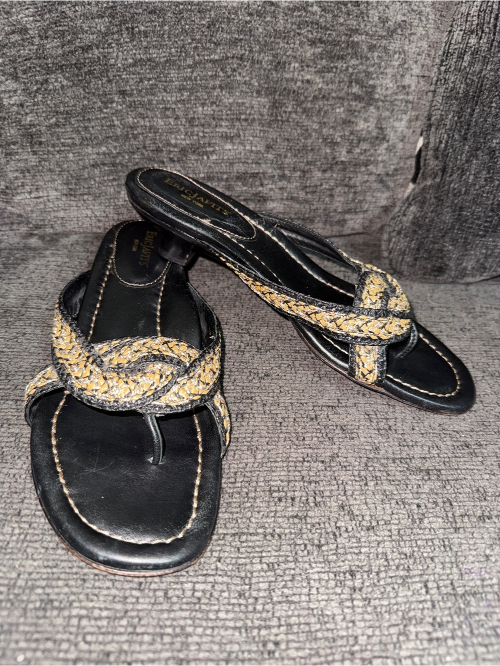 Women's Eric Javits Black Brown Woven Leather Sandals Low Heel 9 N